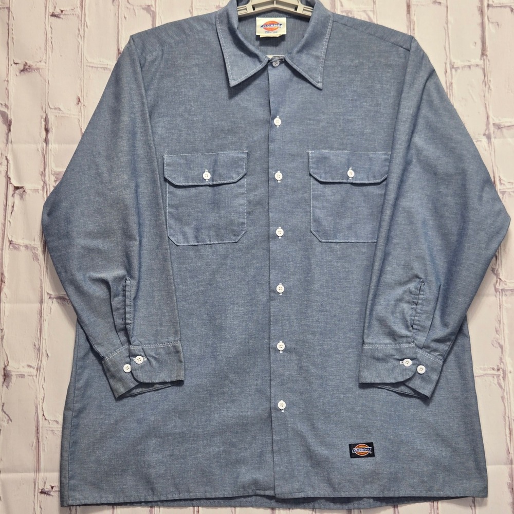 Vintage Dickies Work Shirt Blue Chambray L/S Button Mens 17-17.5 32/33 Made USA